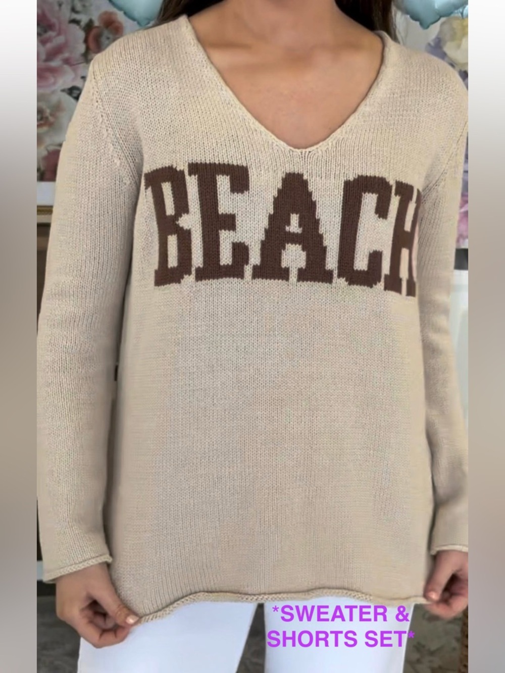 NWOT Zenana SET Beach Sweater & Knit Shorts, Size Large, Beige